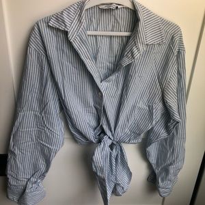 Striped cropped button down tie front